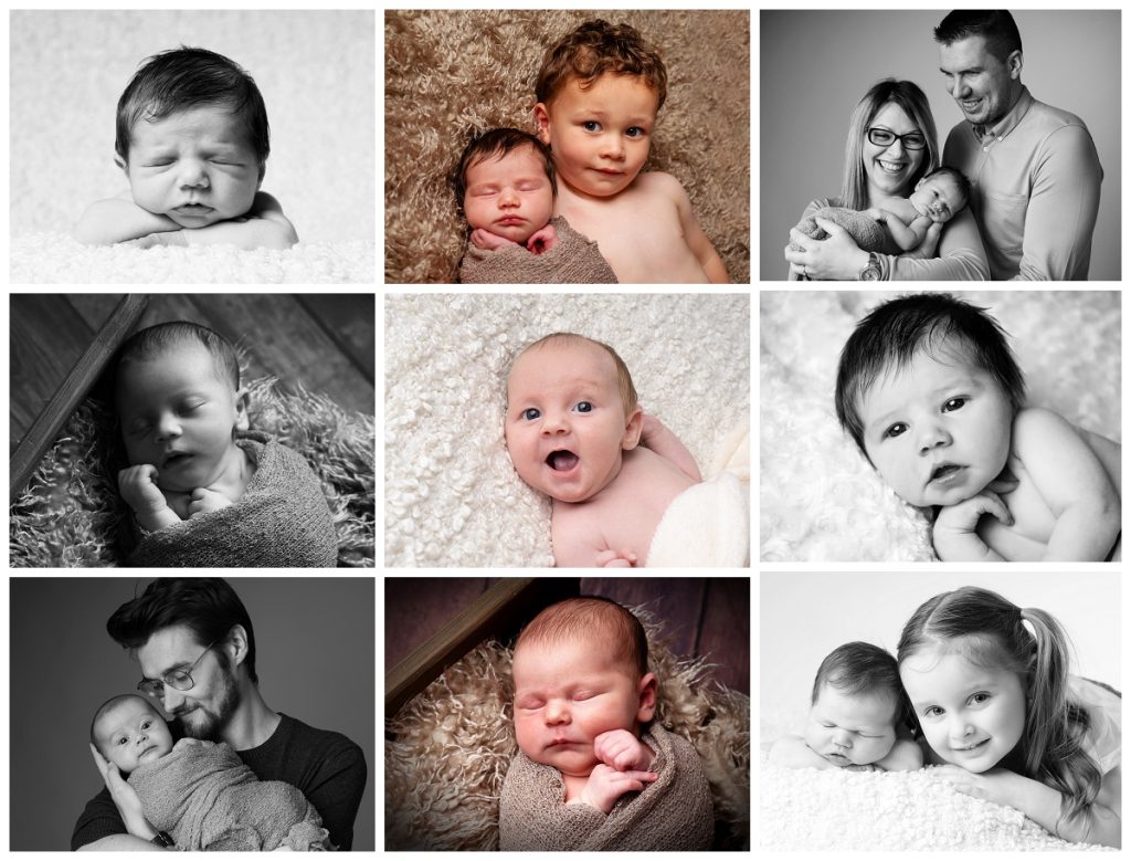 Adorable collage of photographs of babies, family and newborn children. Some colour and some black and white