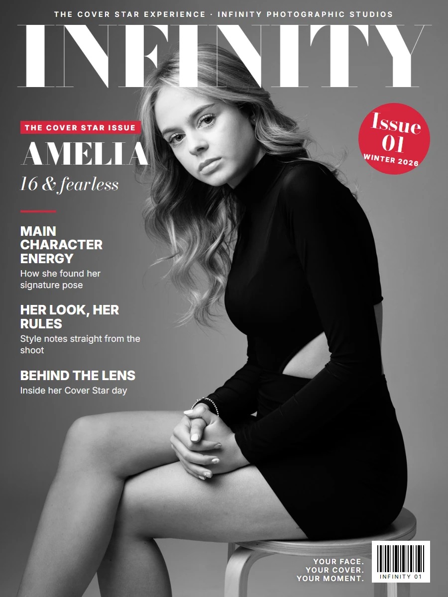 The Cover Star Experience: a magazine cover portrait of a teenage girl, black and white