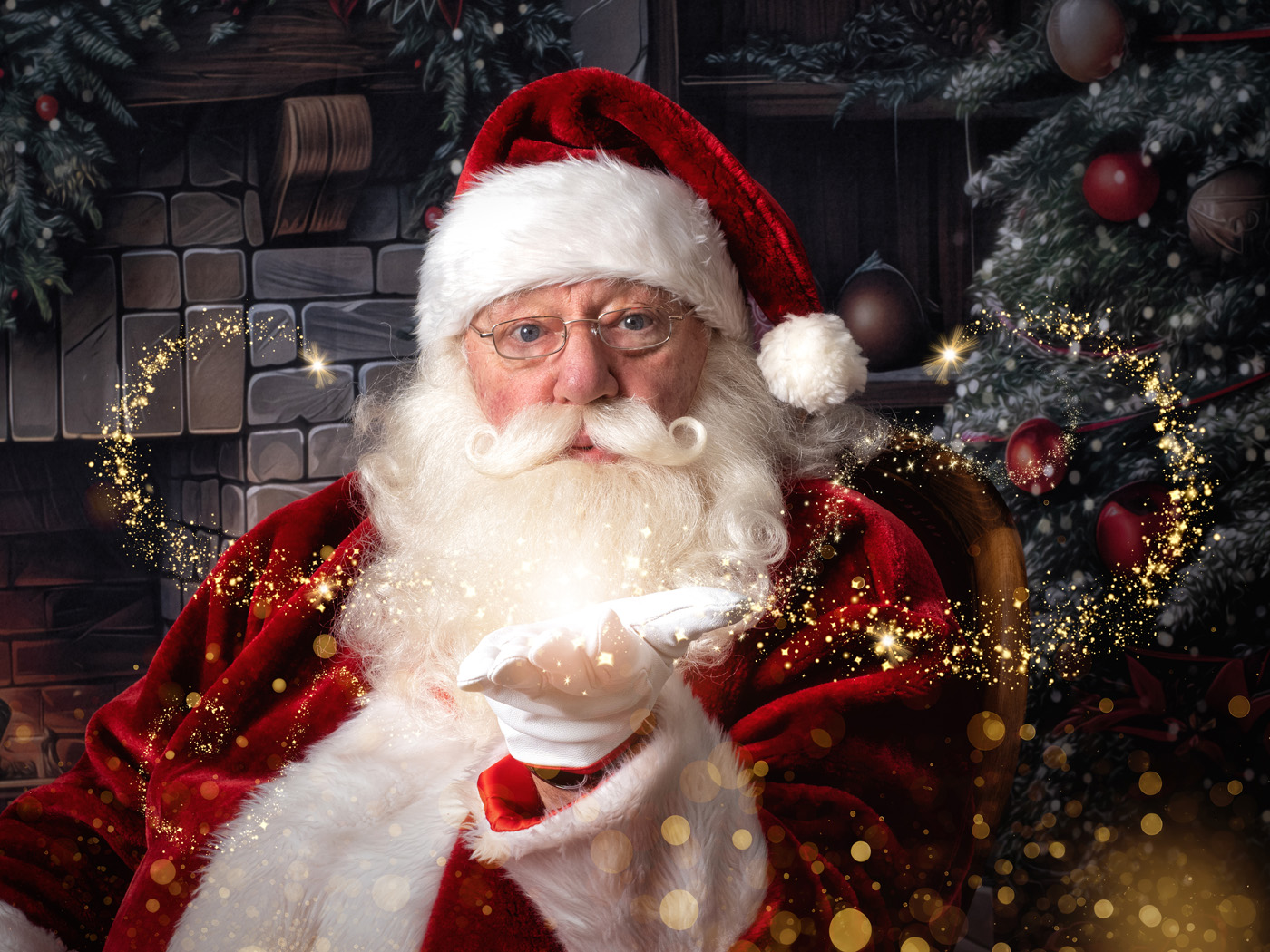 Santa blowing golden sparkles by a Christmas tree