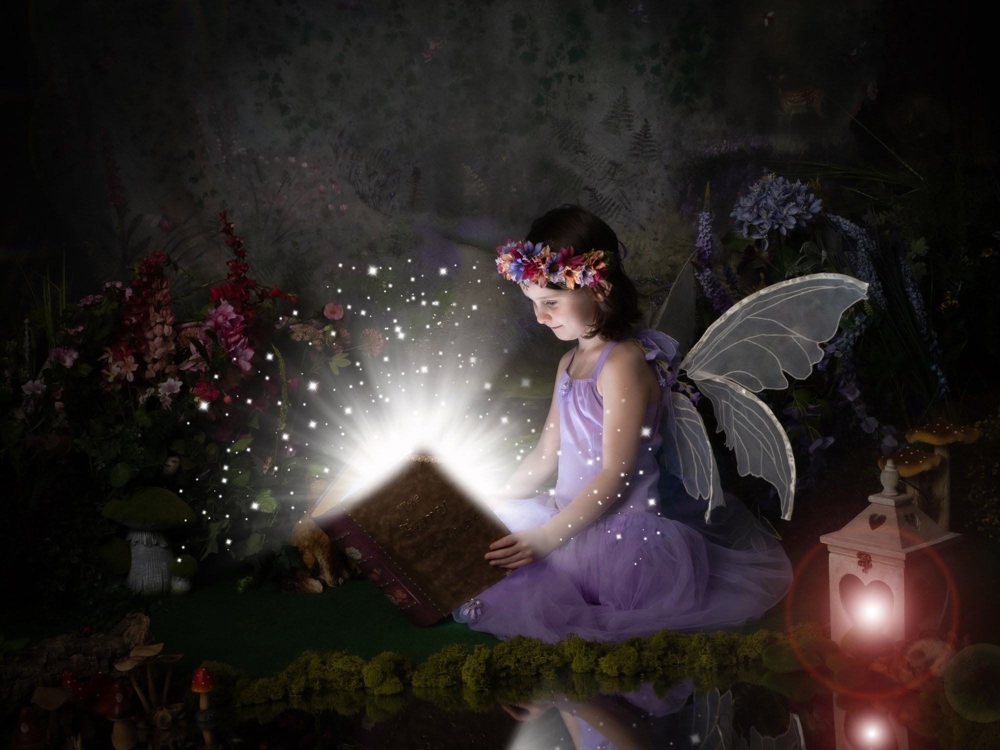 Fairy in lilac reading a glowing book