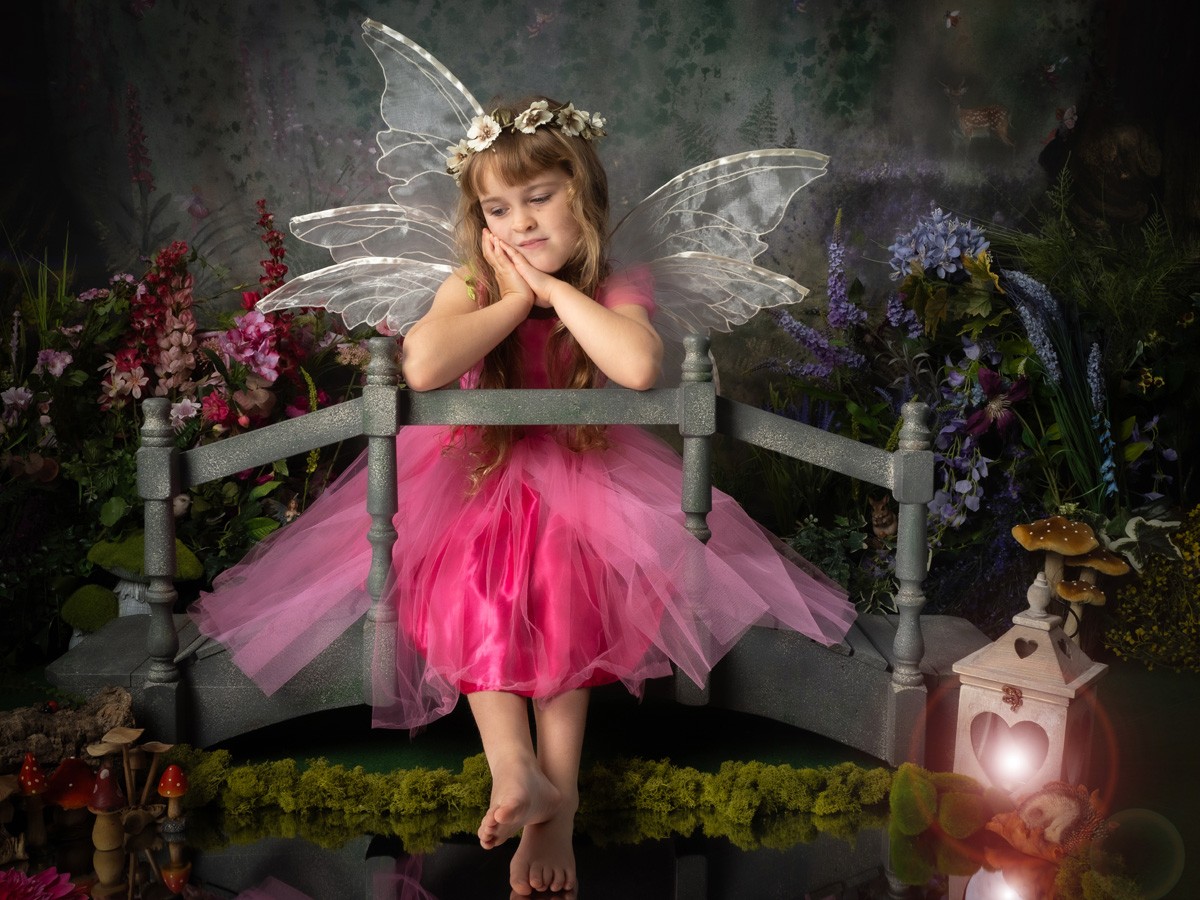 Fairy in a pink tutu dreaming on the fairy bridge
