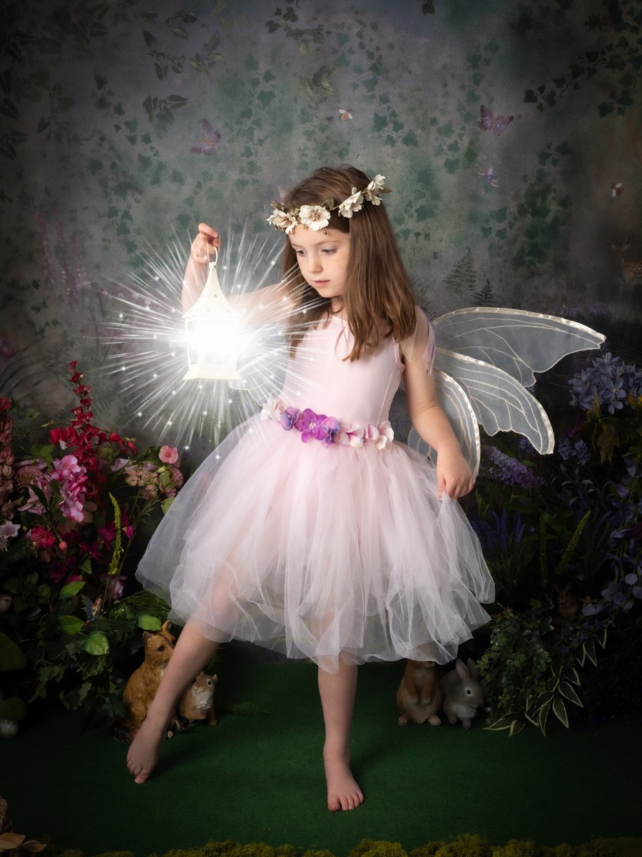 Fairy in pale pink holding a glowing lantern