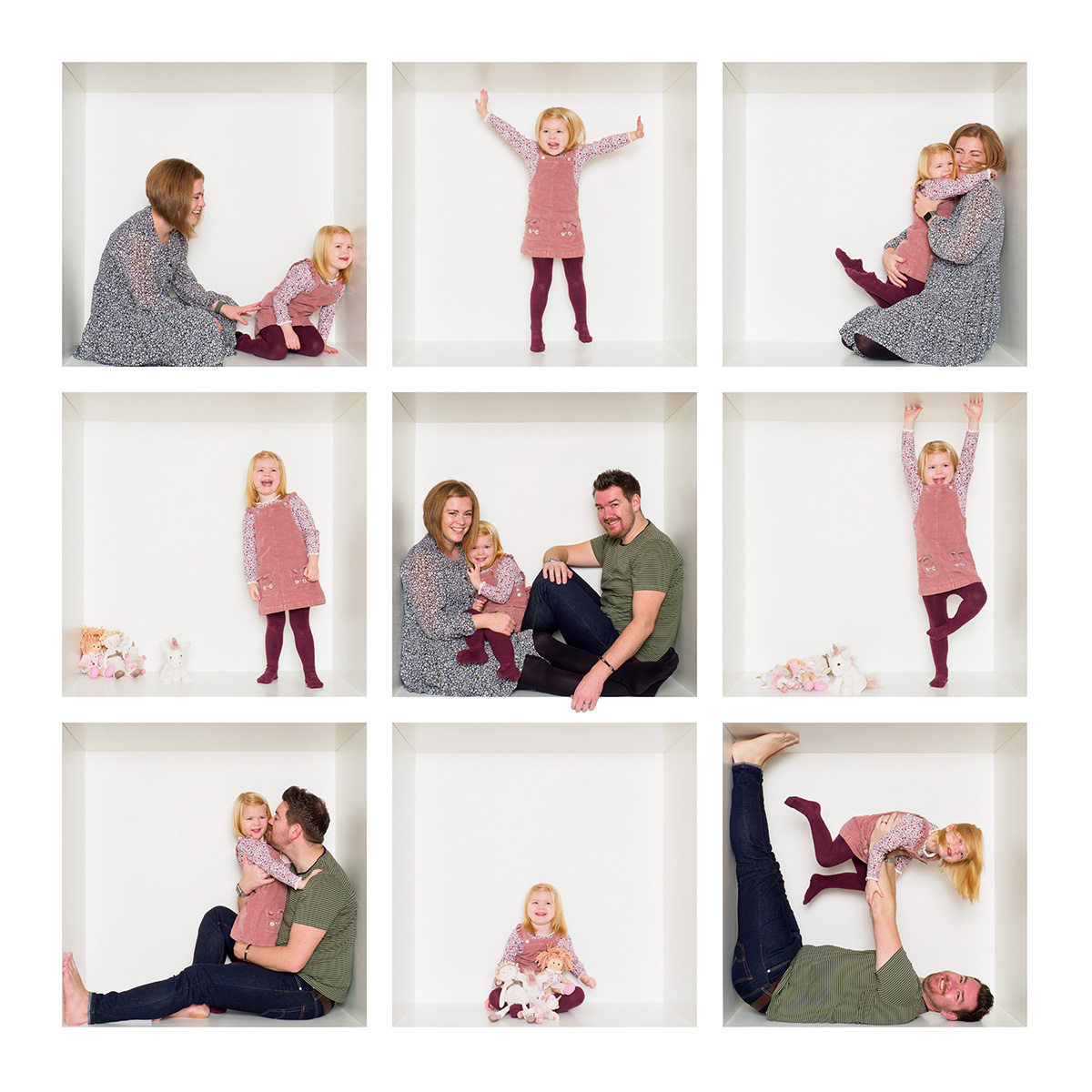 White Box collage of a mum, dad and little girl in a pink pinafore laughing and playing