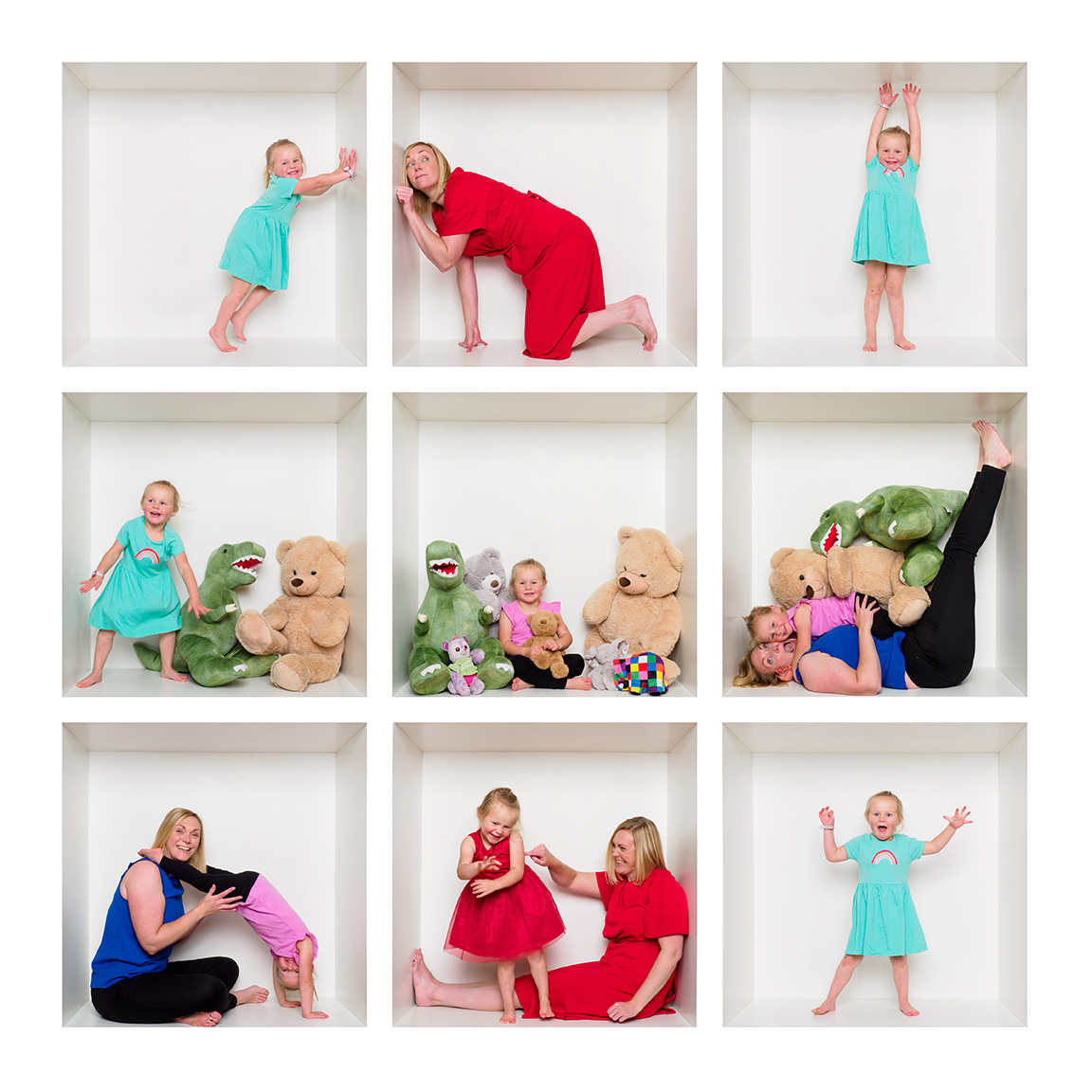 White Box collage of a mum and little girl playing with teddies and a toy dinosaur